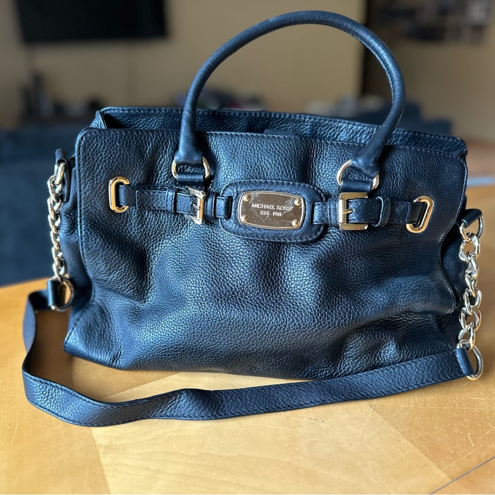 Michael Kors Black Leather Satchel with Gold Accents